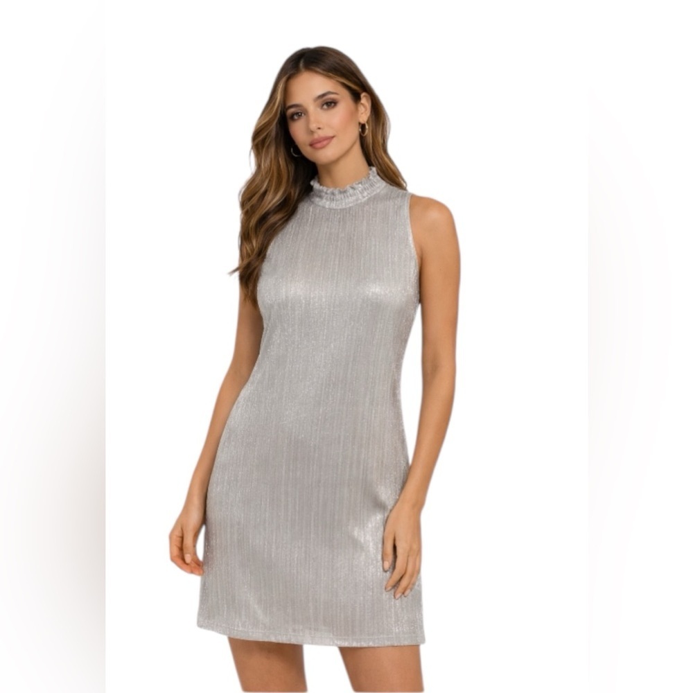 Sara Michelle Silver Metallic Mock Neck Sleeveless Dress Size M NWT
